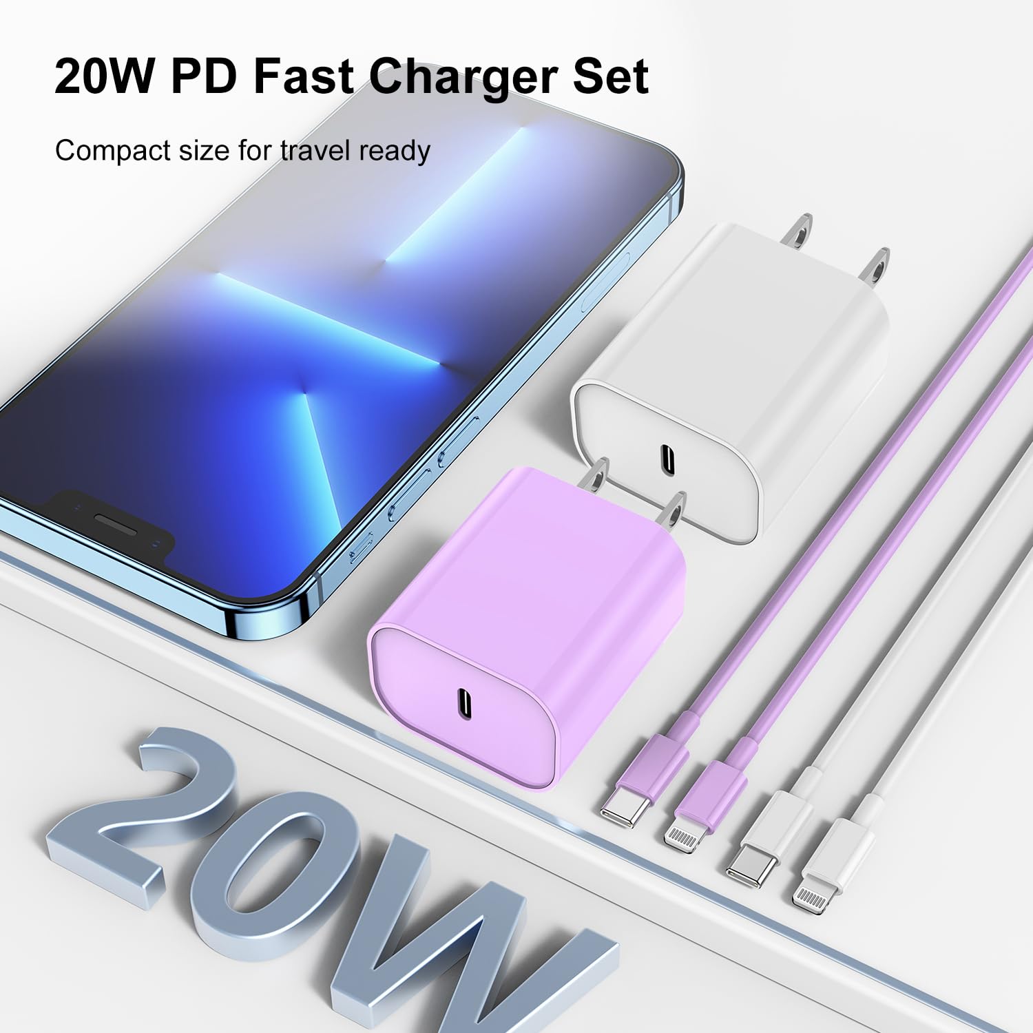 Fast Charging USB C to Lightning Cable for iPhone 14/13/12 Pro Max - 6FT & 10FT Long Apple Charger Cord with 20W USB C Power Adapter - White & Purple - Perfect for Home, Office, Travel and Car Charging