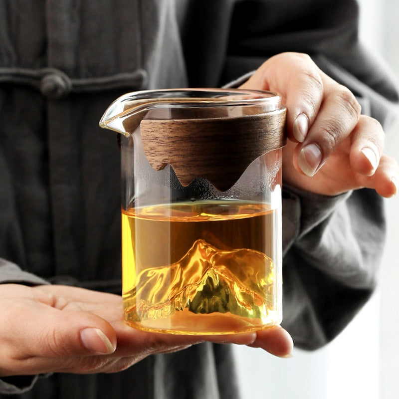 Premium Mountain Glass Fair Cup with Natural Bamboo Handle - Perfect for Tea, Coffee & Hot Beverages at Home, Office or Outdoor Camping