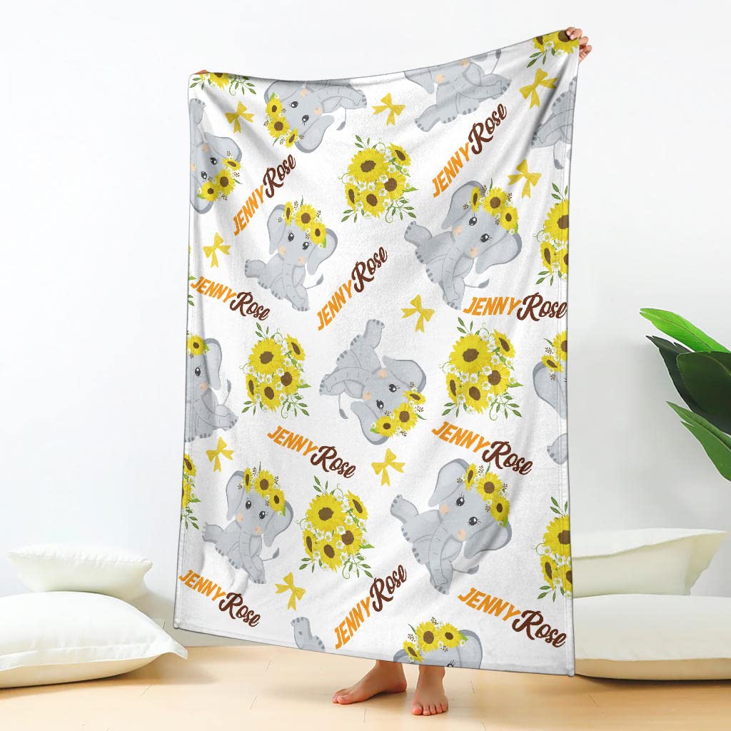 Personalized Sunflower Baby Elephant Blanket with Name - Soft Nursery Blanket for Girls & Boys - Large Size Baby Shower Gift for Newborns & Toddlers - Perfect for Cribs, Strollers & Photo Props