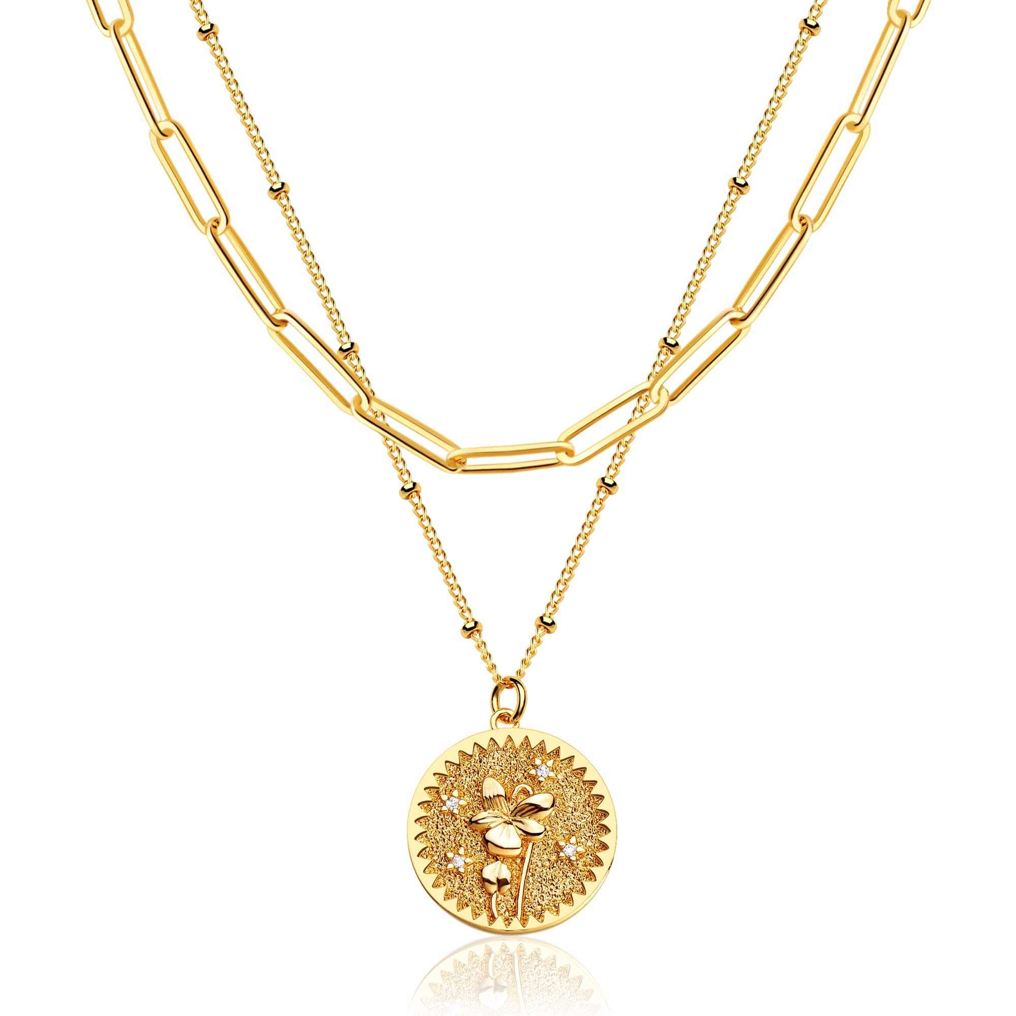 18K Gold Plated Custom Birth Flower Necklace for Women - Personalized Double Layered Engraved Floral Pendant with Dainty Birth Month Flower Disc - Perfect Gift for Mother's Day, Anniversary & Birthday Jewelry