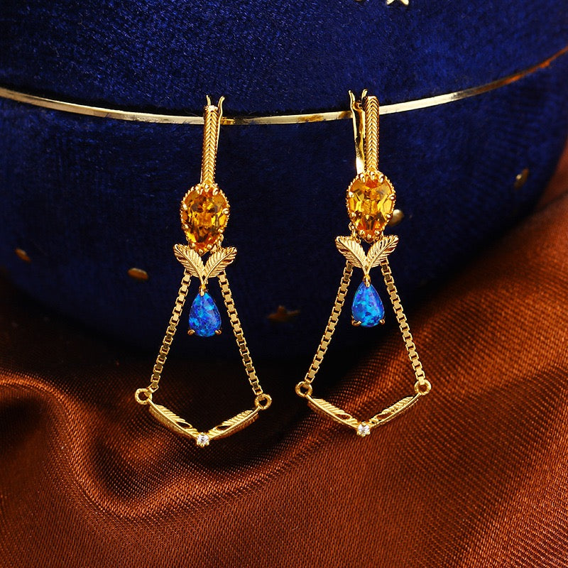 Vintage Citrine & Black Opal Multi-Stone Dangle Earrings | TB1501 | Perfect for Boho Chic, Wedding & Evening Party Jewelry