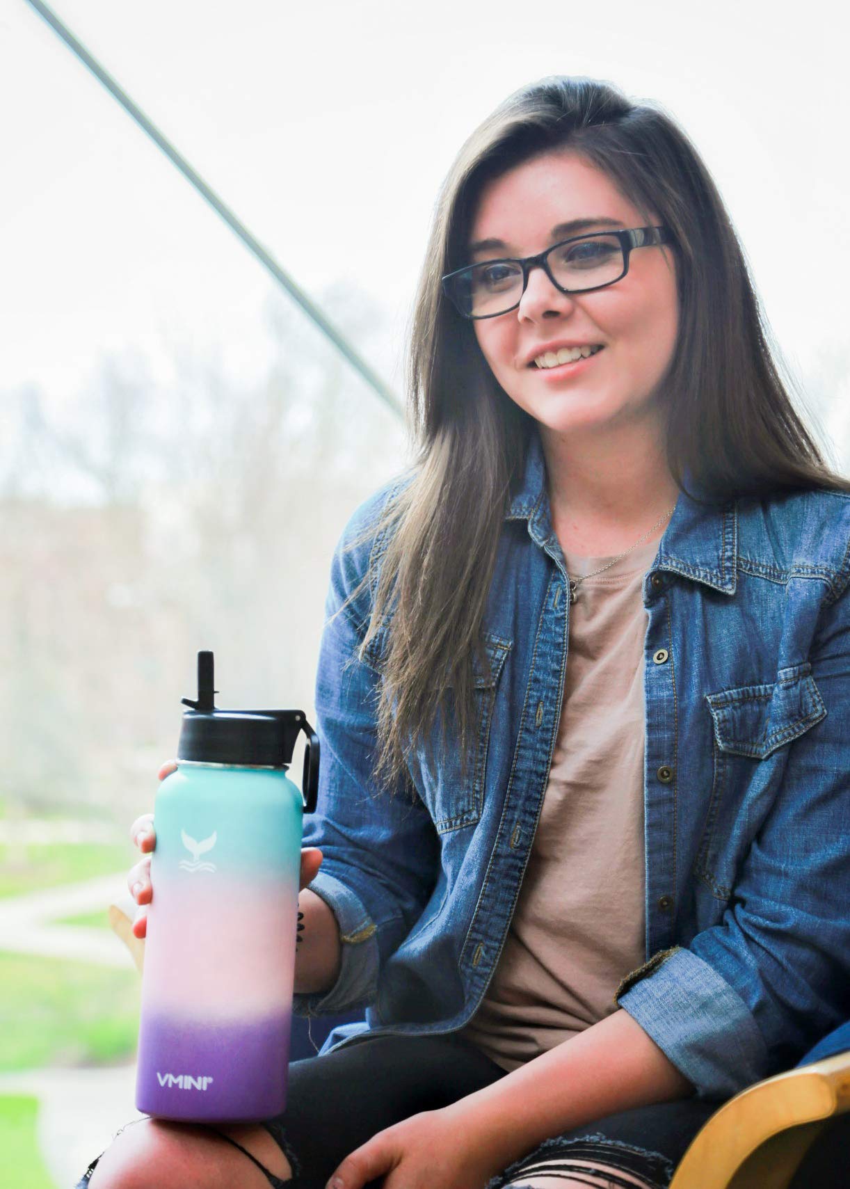 Vmini 40oz Insulated Water Bottle with Straw & Handle for Travel & Gym