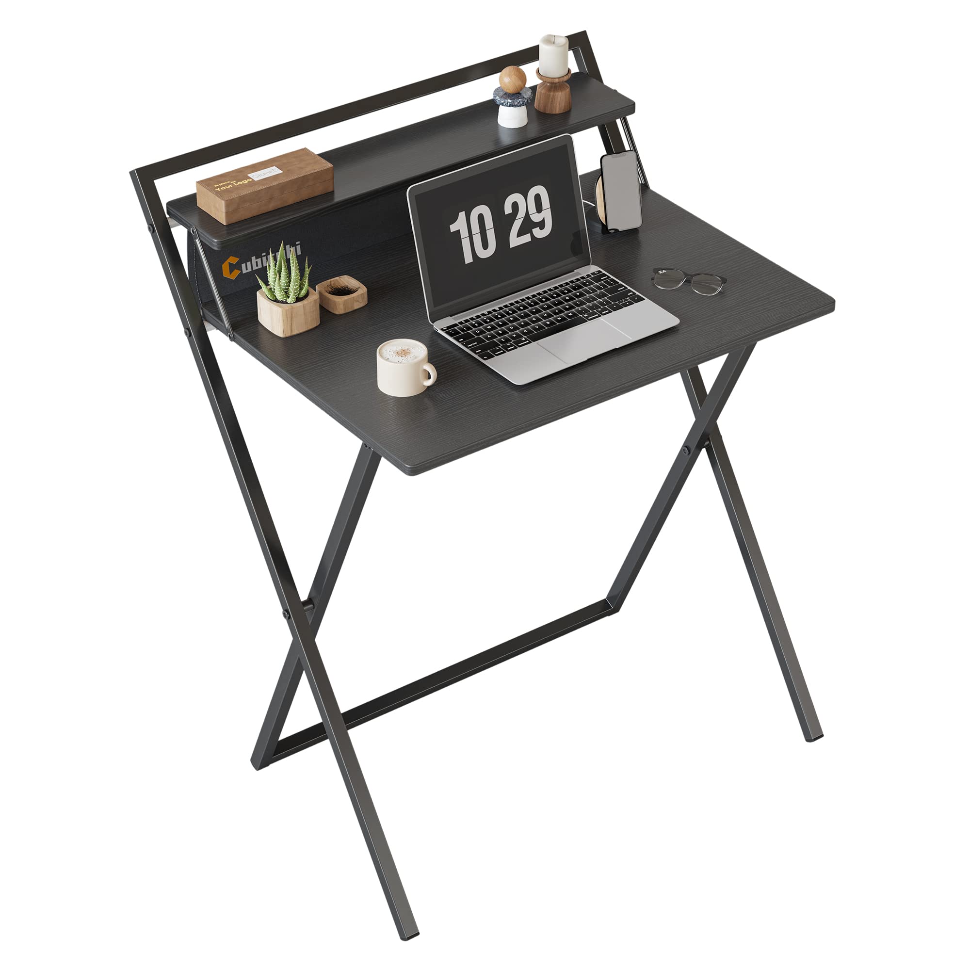CubiCubi 30 Inch Small Folding Computer Desk with Shelf & Storage Bag - No Assembly Required Home Office Writing Desk & Study Table for Small Spaces (Black) - Perfect for Dorm Rooms, Apartments & Workspaces