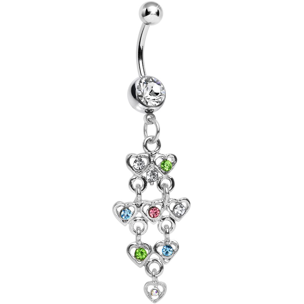 Body Candy Women's Clear Rainbow Hearts Dangle Belly Ring - Stylish Navel Piercing Jewelry for Summer, Beach & Festival Outfits