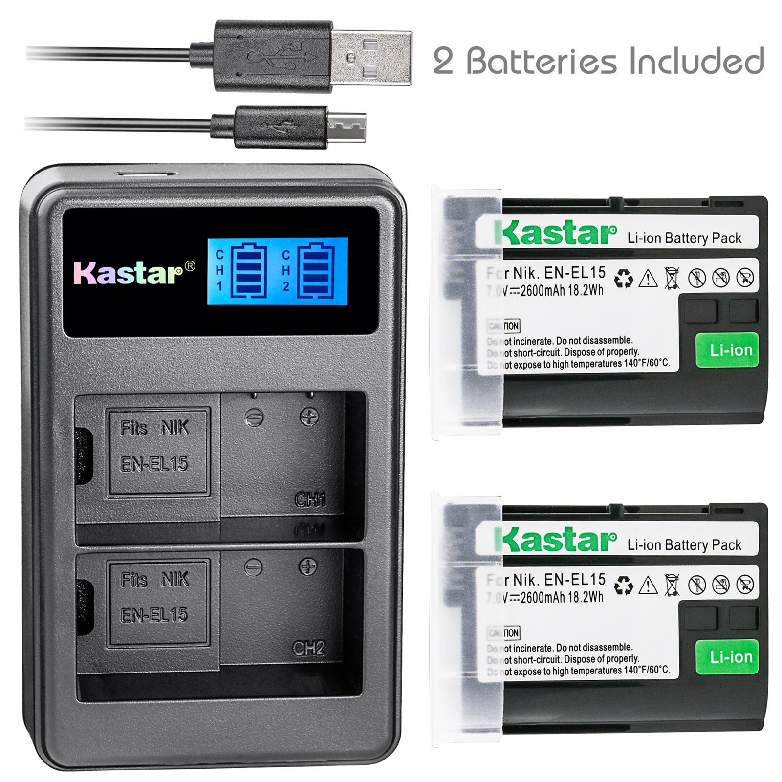 Kastar 2-Pack EN-EL15 Replacement Batteries with LCD Dual Slim Charger for Nikon D500, D600, D610, D750, D800, D7000, D7100 DSLR Cameras - Perfect for Travel Photography & Professional Shoots