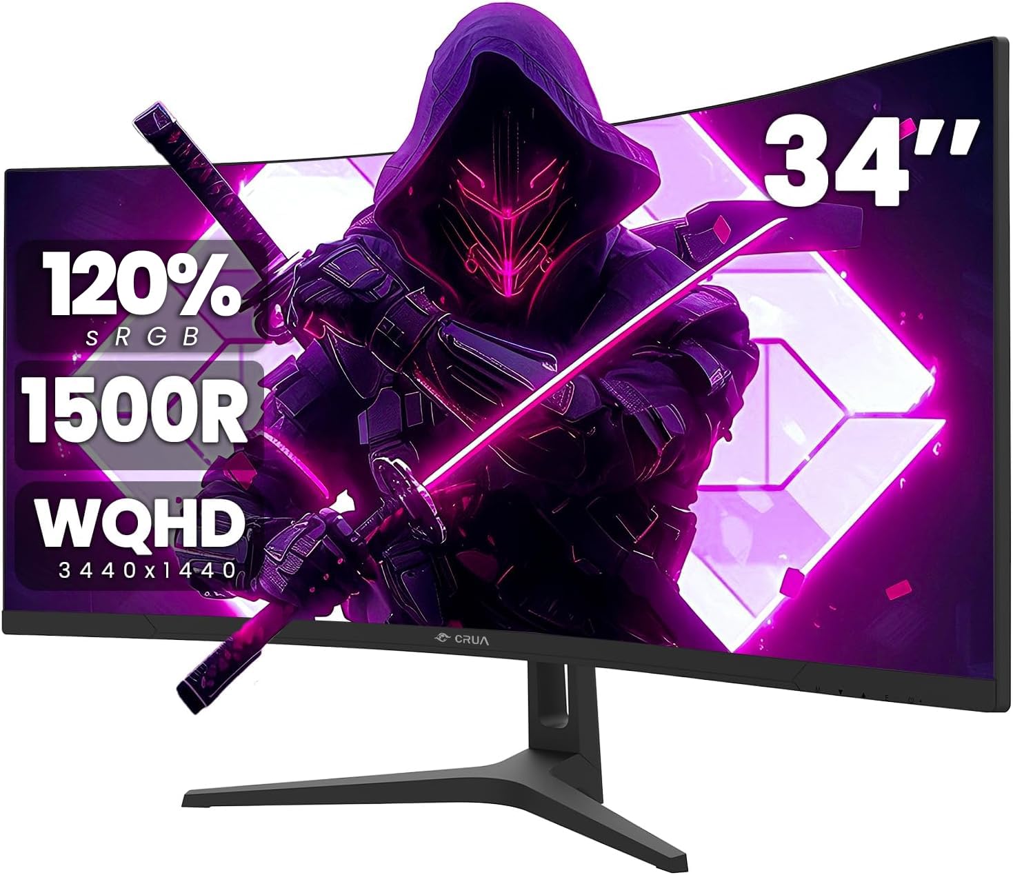 CRUA 34 Inch Ultrawide Curved Gaming Monitor - WQHD 3440x1440p, 144Hz/165Hz, 120% sRGB, AMD FreeSync, VESA Mountable (HDMI, DP) - Black | Perfect for Immersive PC Gaming, Home Office & Multimedia Entertainment