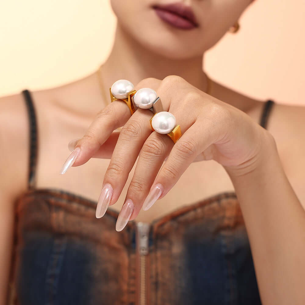 Exaggerated Pearl Gold Thumb Statement Ring for Women | Bold Fashion Jewelry A930 | Perfect for Parties, Weddings & Special Occasions