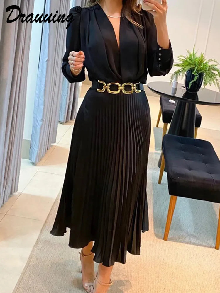Elegant Black Ankle-Length Dresses for Women - V-Neck Long Sleeve Loose Office Dress with Fold Detail | Autumn Workwear & Formal Occasions