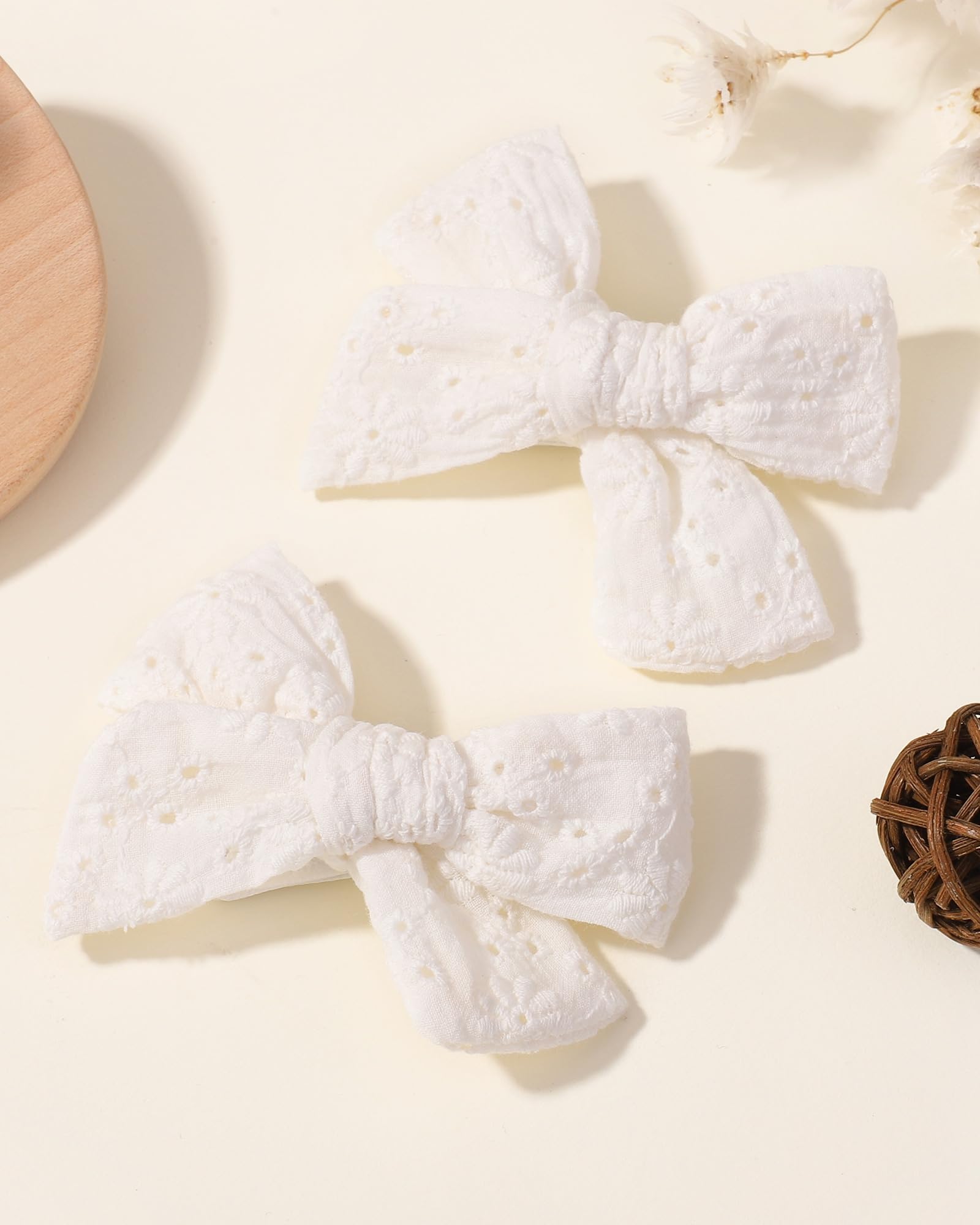 Jollybows 2-Piece 3.2 Inch Baby Girl Hair Bows - Neutral Linen White Eyelet Pigtail Clips for Toddlers | Perfect for Daily Wear, Photoshoots & Special Occasions