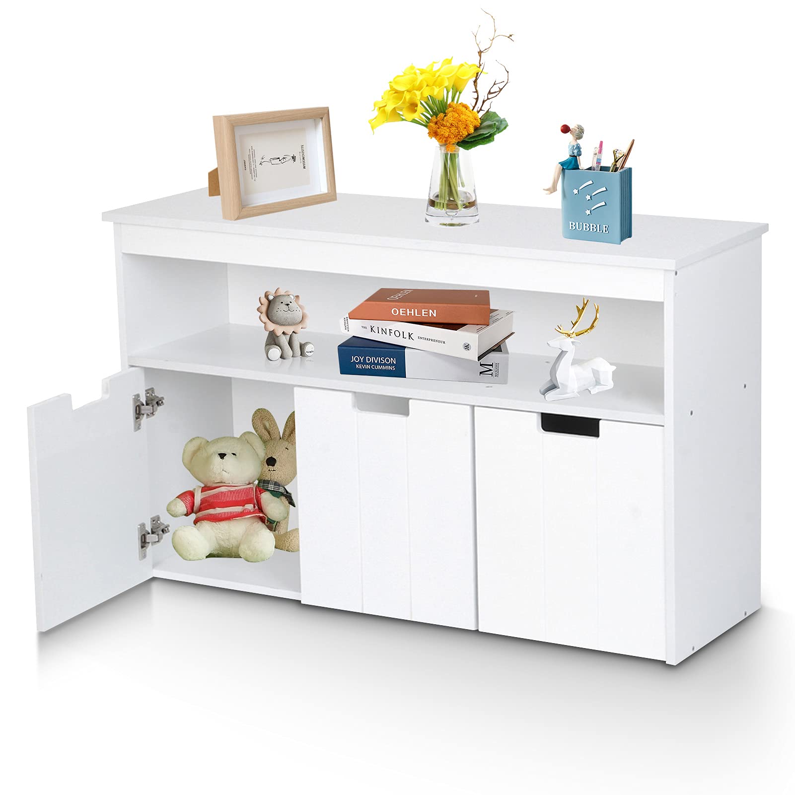 Modern Kids Toy Storage Cabinet with 3 Doors - Large 40.2 x 13 x 24.4 Inch Organizer Shelf for Bedroom, Playroom & Nursery - Elegant Storage Cube for Toys, Books & Clothes