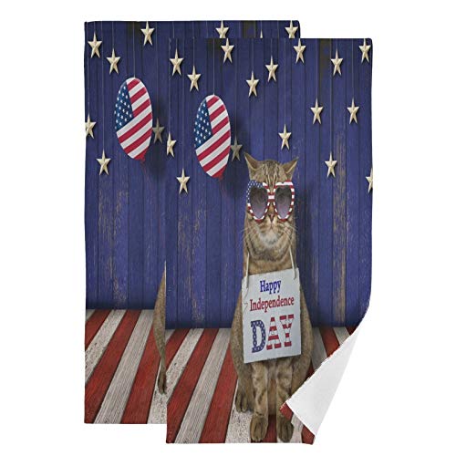 4th of July Patriotic Cat Hand Towels - 2 Pack Soft Luxury Bath & Kitchen Towels for Bathroom, Kitchen, Beach - Perfect for Independence Day Decor, Pet Lover Gifts & Coastal Home Accessories