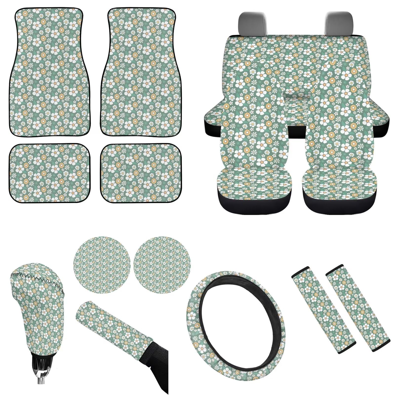 15-Piece Sage Green Car Seat Covers Set with Boho Daisy Flower Design - Universal Fit Steering Wheel Cover, Coasters, Gear Shift Knob & Handbrake Cushion for Women - Interior Car Accessories for SUVs, Sedans & Trucks - Perfect for Road Trips, Commuting & Boho Style Decor