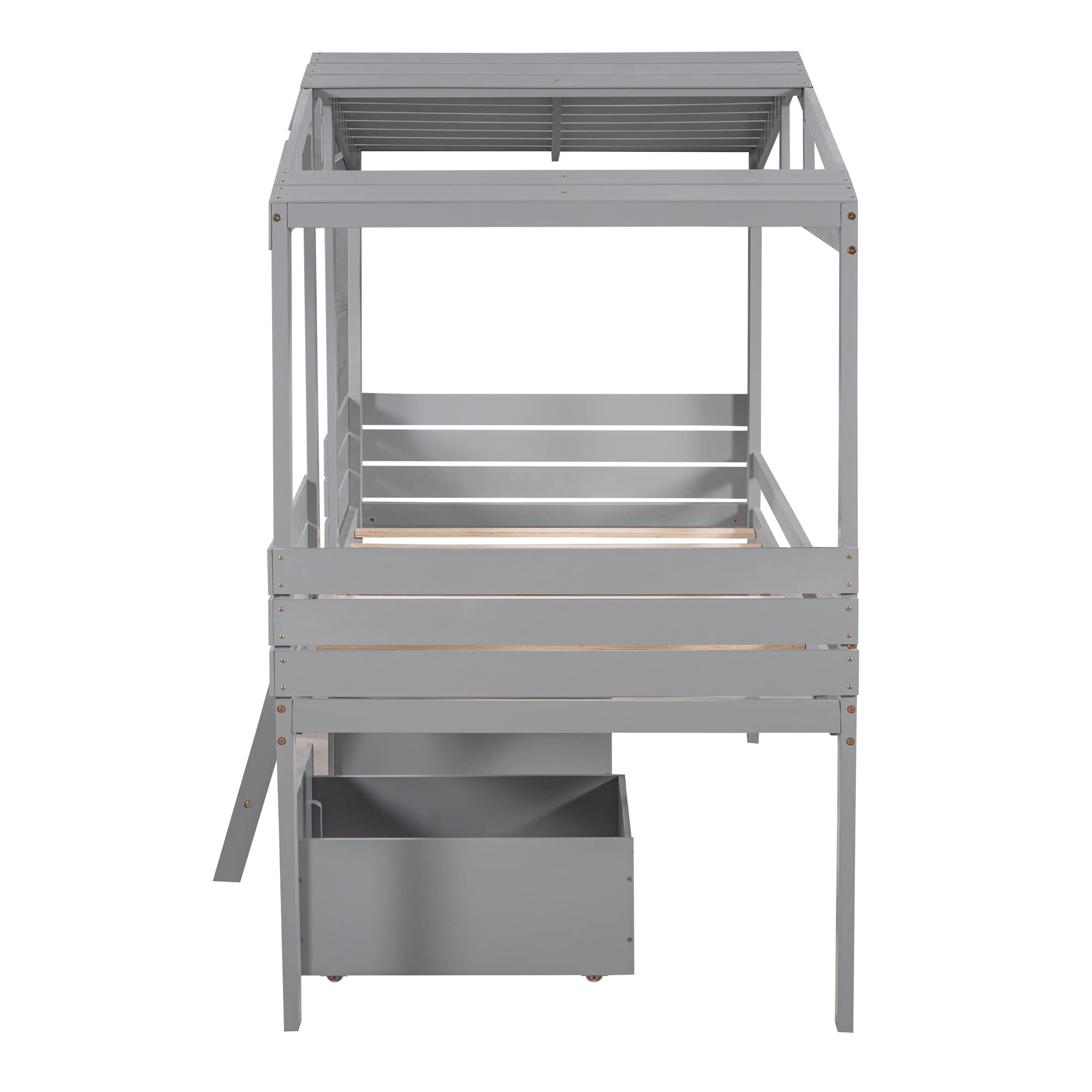 Harper & Bright Designs Twin Size Wood Loft House Bed with 2 Drawers, Storage, Ladder & Roof - Grey Kids & Teens Bed Frame with Windows, No Box Spring Needed - Perfect for Small Bedrooms, Dorm Rooms & Kids' Play Areas