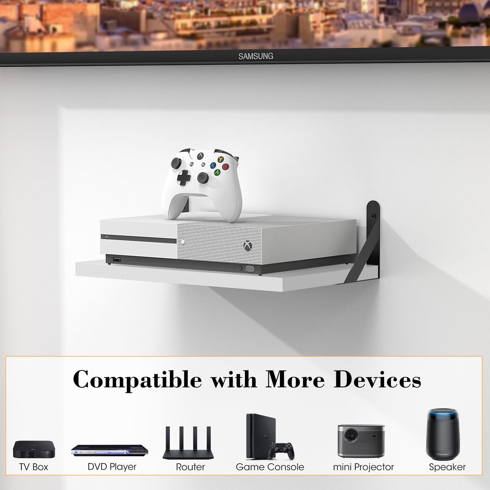 **White Floating Wall Mount Shelf for Projector, Modem, Router & Cable Box - Includes Cable Ties - Perfect for Home Theater, Office & Gaming Setup**