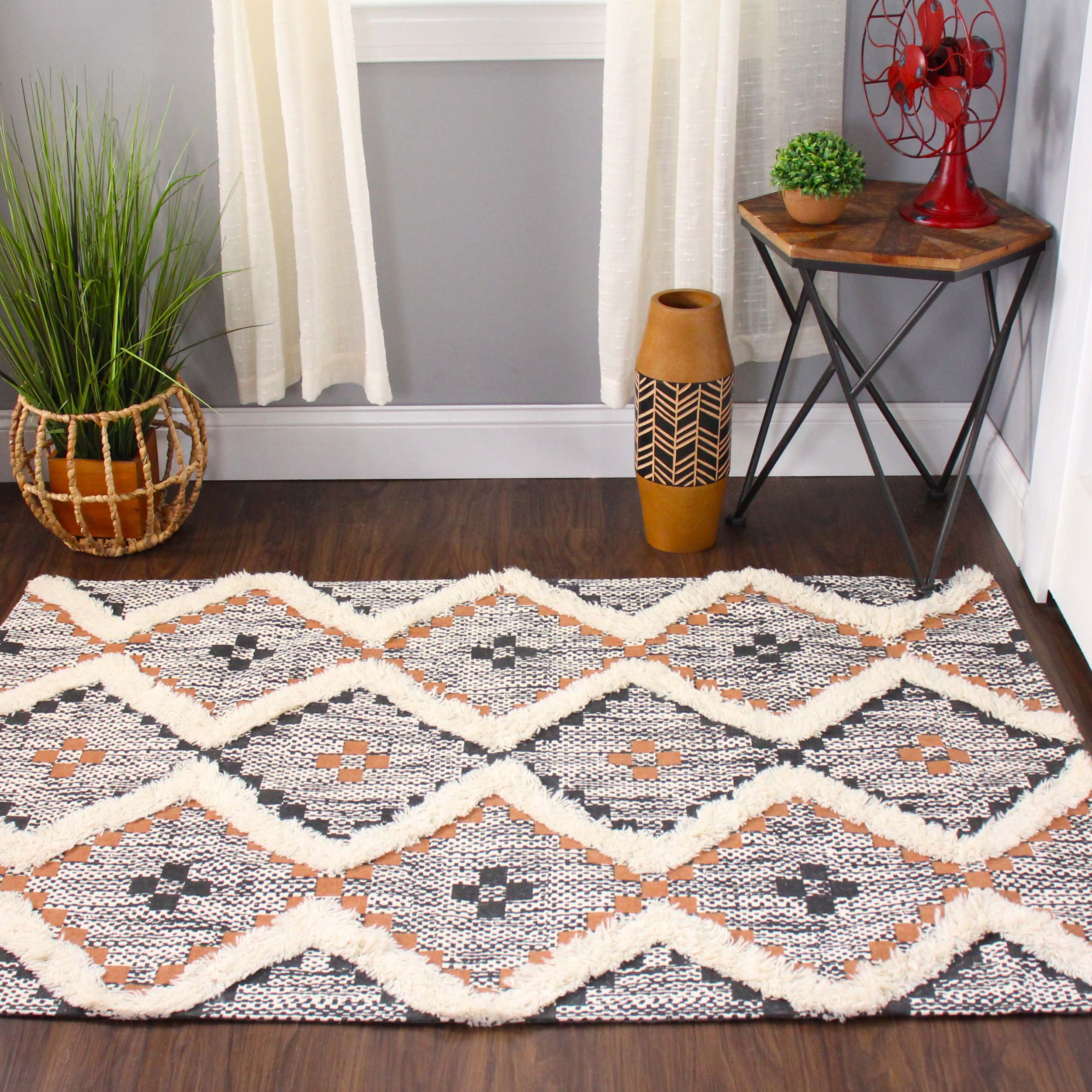Hand Tufted Cotton Wool Geometric Farmhouse Area Rug - Soft Textured Boho Chic Rug for Living Room, Bedroom, Dining Room Decor