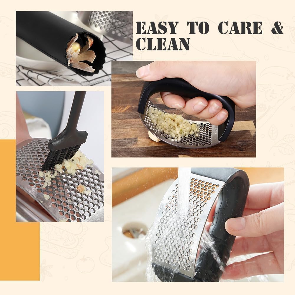 Premium Stainless Steel Garlic Press & Mincer - Heavy Duty Garlic Chopper with Peeler & Cleaning Brush - Professional Kitchen Tool for Crushing Garlic Cloves - Perfect for Cooking, Meal Prep & Italian Cuisine (Black)