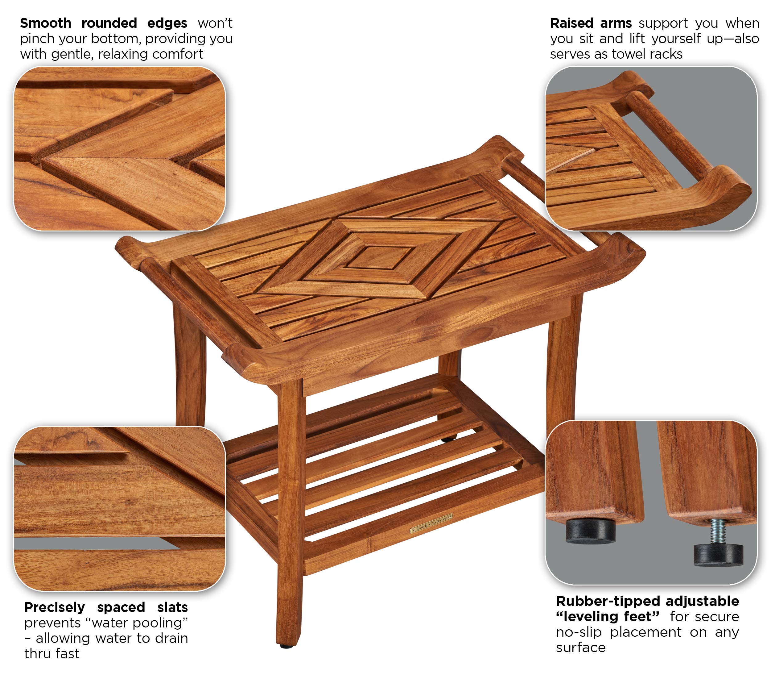 Premium Teak Shower Bench with Adjustable Leveling Feet - Waterproof Bath Stool for Spa, Sauna & Pool - 25