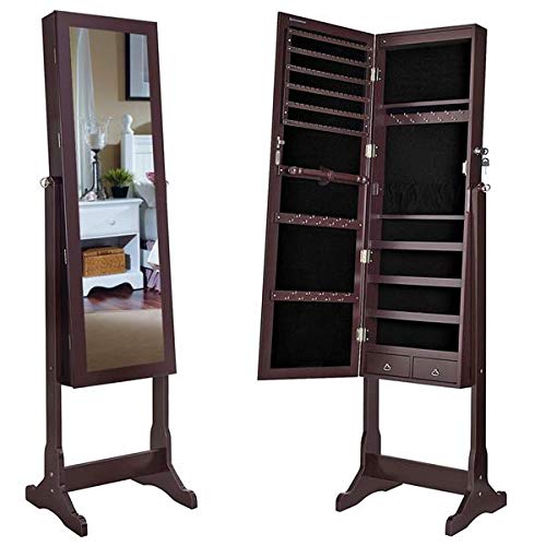 Solid LED Jewelry Armoire Organizer with Full Length Mirror - Adjustable Standing Jewelry Cabinet Box for Necklaces, Rings & Accessories | Perfect for Bedroom, Closet & Dressing Room Organization