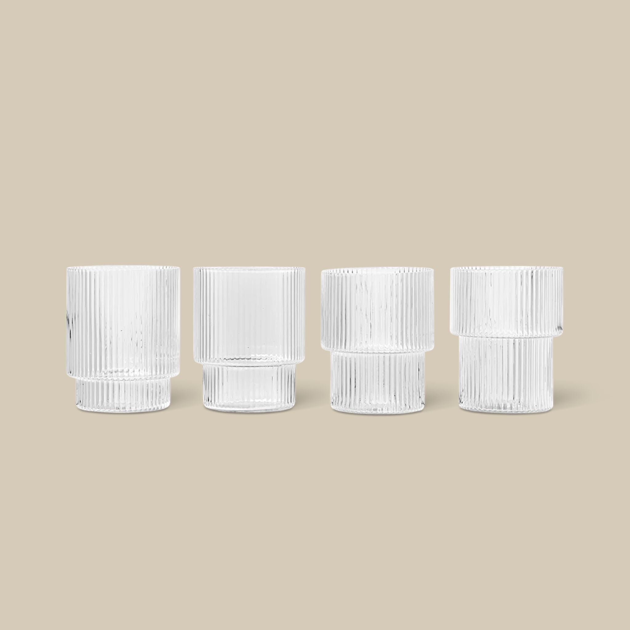 FERM LIVING Ripple Glasses - Set of 4 Clear Drinking Glasses for Water, Juice & Cocktails | Modern Glassware for Home, Bar & Restaurant Use