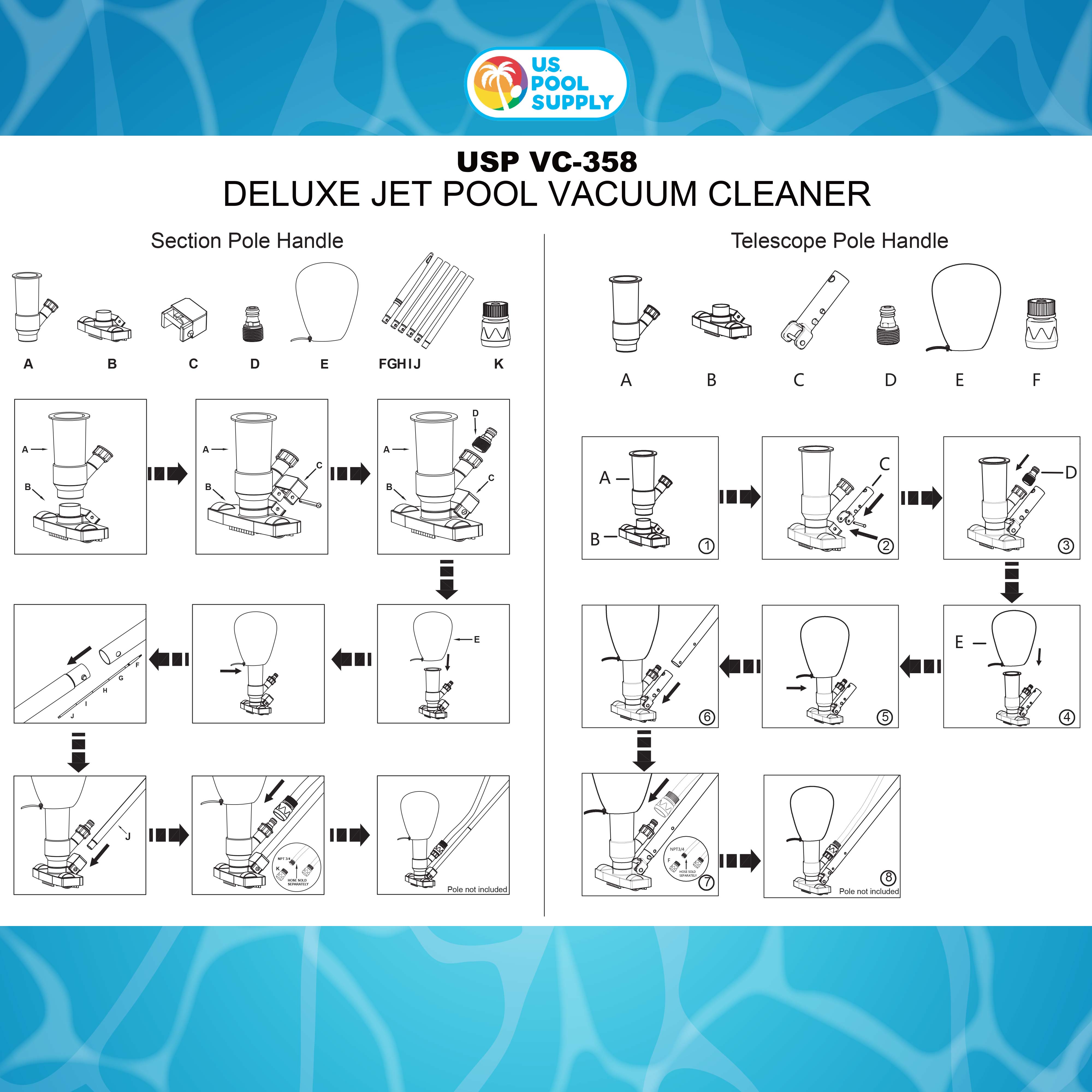 U.S. Pool Supply® Portable Deluxe Jet Pool Vacuum - Underwater Cleaner with Telescopic Pole, Brushes & Leaf Bag - Ideal for Above Ground Pools & Spas - Perfect for Quick Cleaning & Maintenance