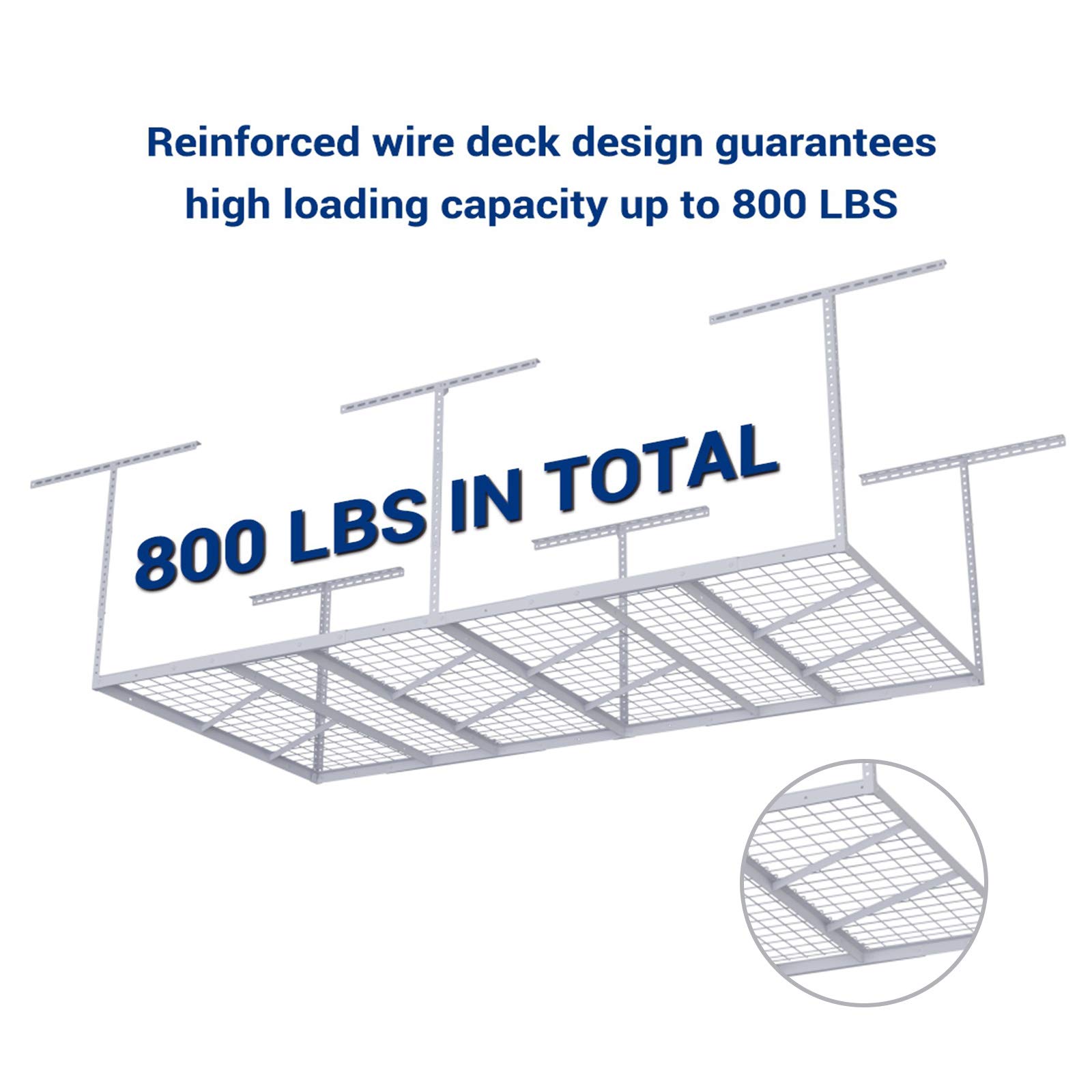FLEXIMOUNTS Pro 4x8 Overhead Garage Storage Rack - Heavy Duty Adjustable Metal Ceiling Storage System, 800lbs Capacity, White - Perfect for Garage Organization, Seasonal Decor & Sports Equipment Storage