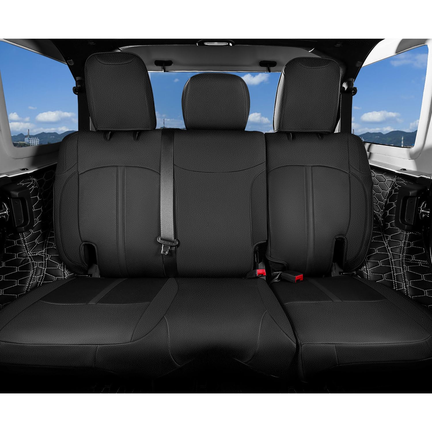 Premium Jeep Wrangler JL Seat Covers (2018-2024) - 4 Door Custom Fit Car Seat Protectors - Black PU Leather Accessories for Jeep Wrangler JL Without Cup Holder - Perfect for Off-Roading, Camping & Daily Driving