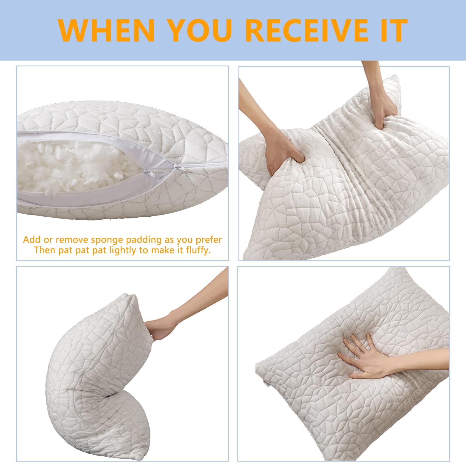 Shredded Memory Foam Pillows Queen Size Set of 2 - Adjustable Bed Pillows for Side, Back & Stomach Sleepers, Cooling Comfort Pillows with Washable Cover for Better Sleep - Perfect for Home, Office & Travel Use