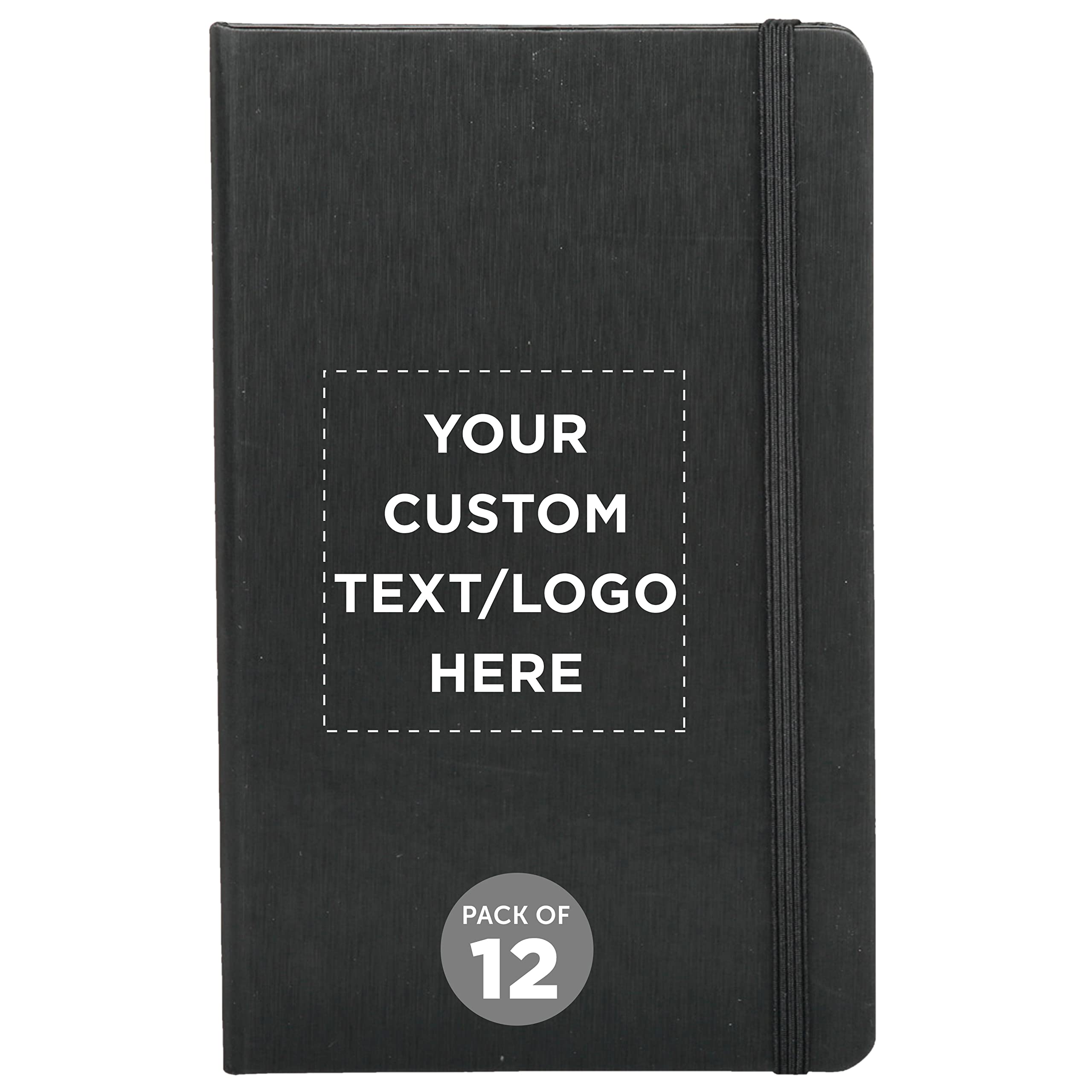 Custom Hardcover Notebook Journals with Elastic Band - Set of 12 Personalized Bulk Pack - Black - Perfect for School, Office, Home & Gift Giving - Premium Writing Journals for Students, Professionals & Journaling Enthusiasts