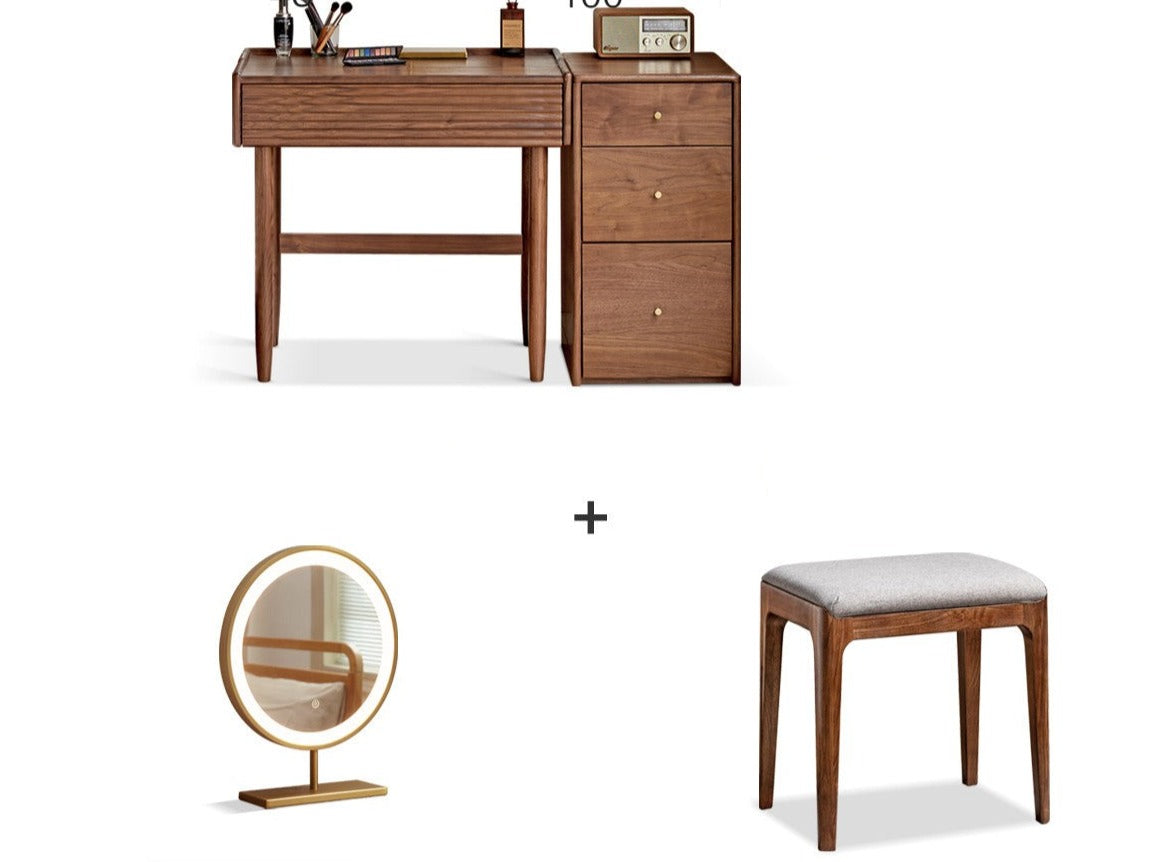 Premium Black Walnut Solid Wood Dressing Table Set with Mirror - Elegant Vanity Desk for Bedroom, Makeup & Beauty Organization
