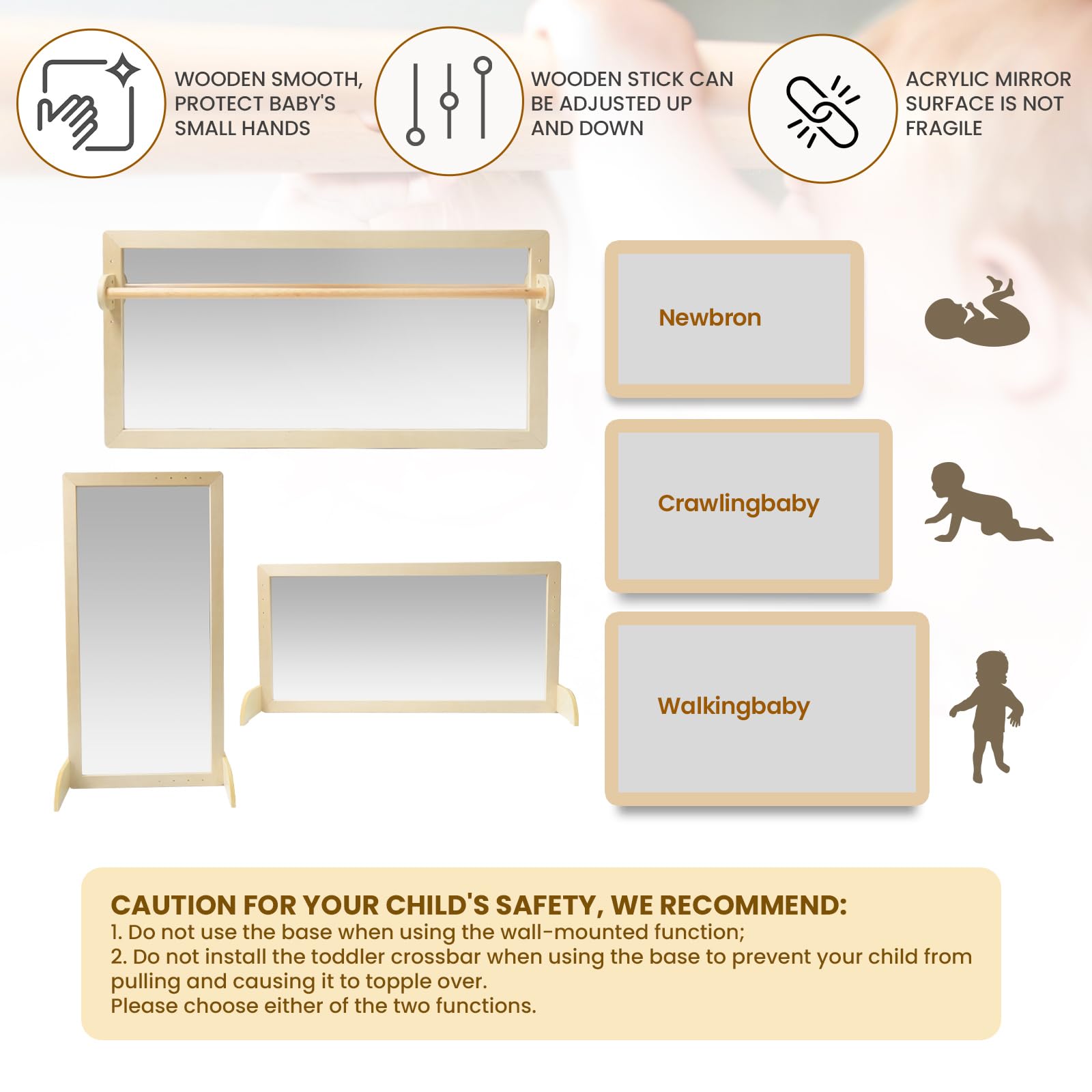XIHAToy Montessori Wooden Toddler Mirror - Shatterproof Acrylic Safety Mirror for Kids, Dual-Use Early Learning & Walking Mirror - Perfect for Nursery, Playroom & Montessori Classroom Activities