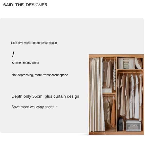 Oak Solid Wood Wardrobe with Curtain Design - Elegant Closet Storage for Bedroom, Living Room & Dorm Organization
