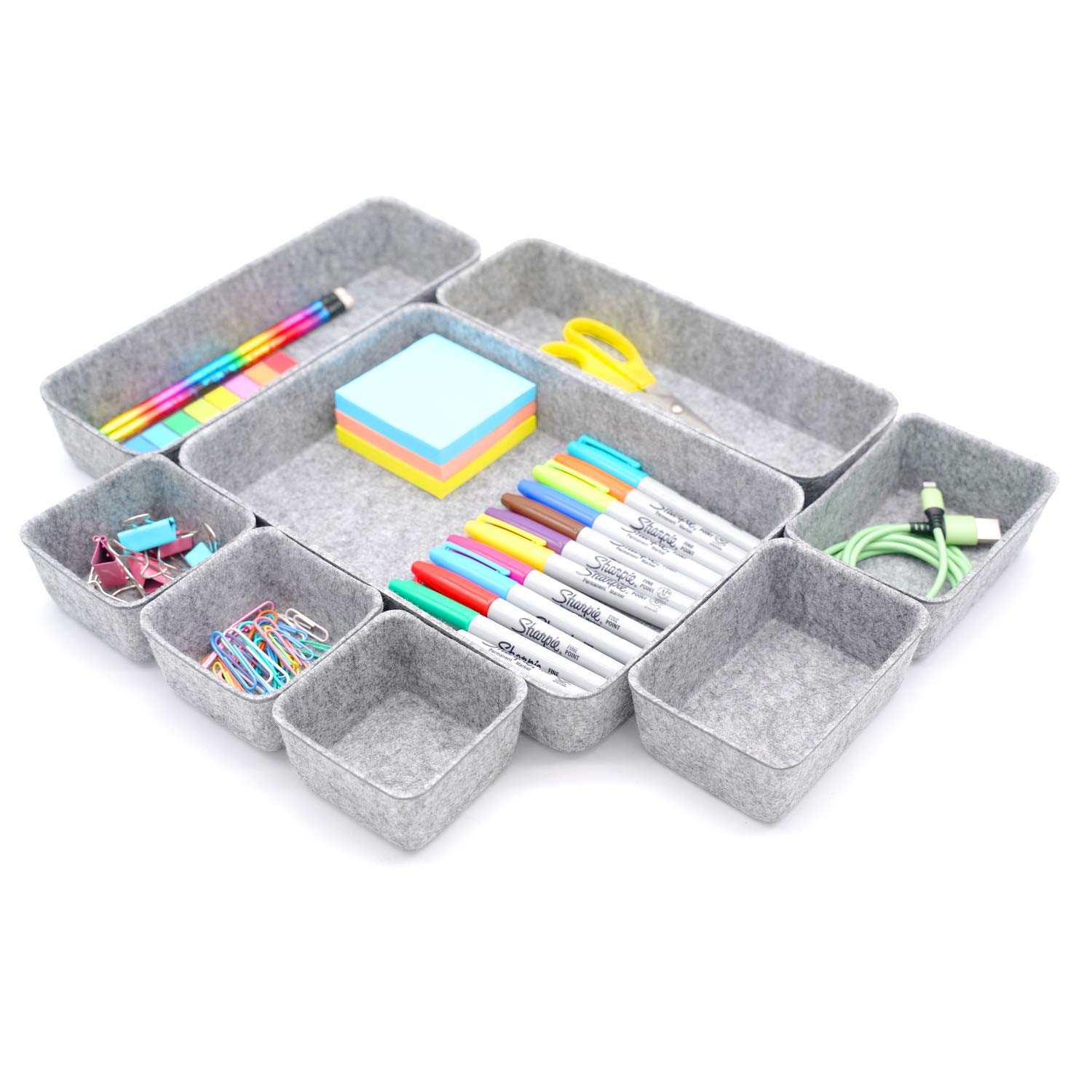 Welaxy 8-Pack Gray Felt Drawer Organizer Trays - Sturdy & Flexible Storage Bins for Office, Jewelry, Makeup, Crafts, Silverware & Tools | Perfect for Home, Office & Travel Organization