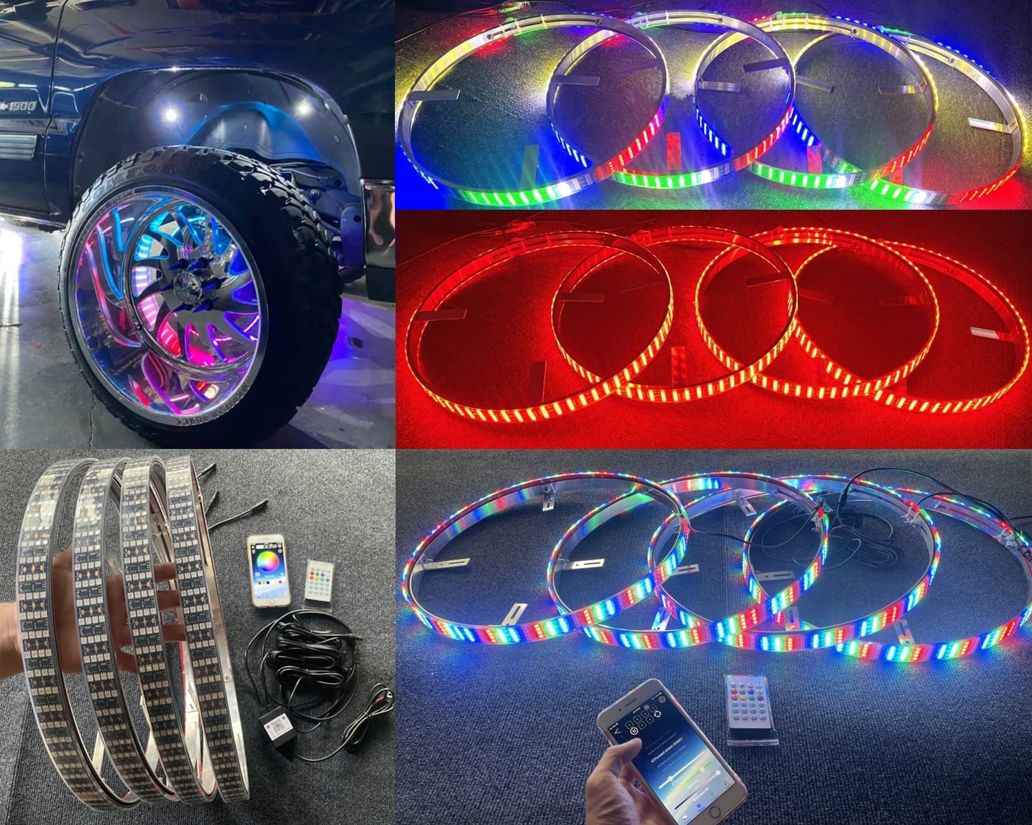 Quad Row RGB Color Chasing LED Wheel Rim Lights for Cars & Trucks - APP & Remote Control, Waterproof, 17.5