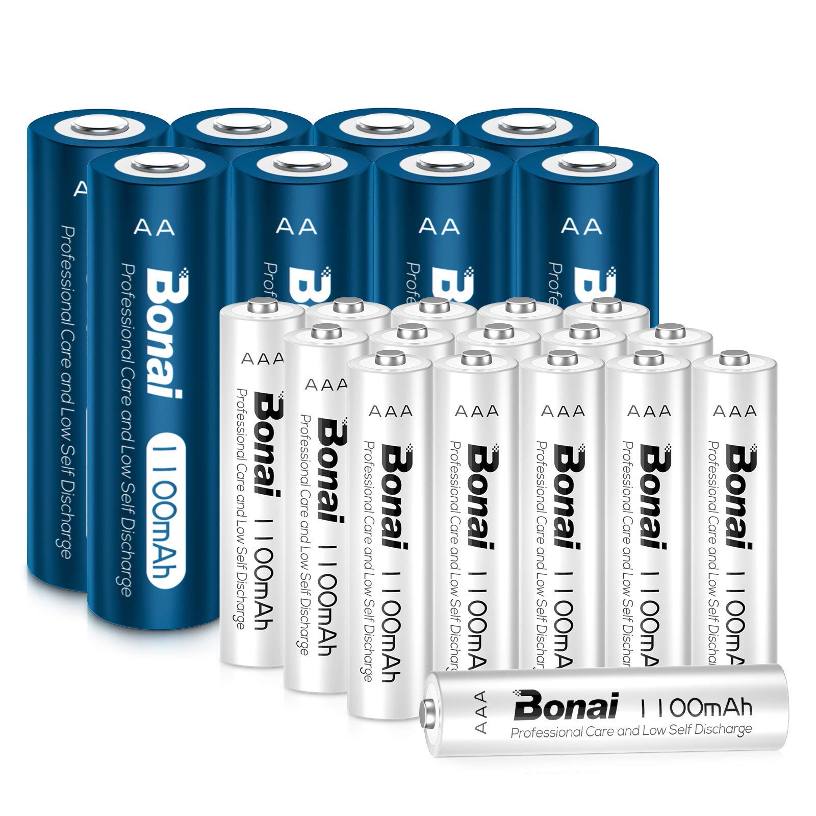 BONAI AAA Rechargeable Batteries 16 Pack 1100mAh Ni-MH 1.2V with AA Rechargeable Batteries 8 Pack - Perfect for Garden Solar Lights, Flashlights, Toys, and Electronic Devices