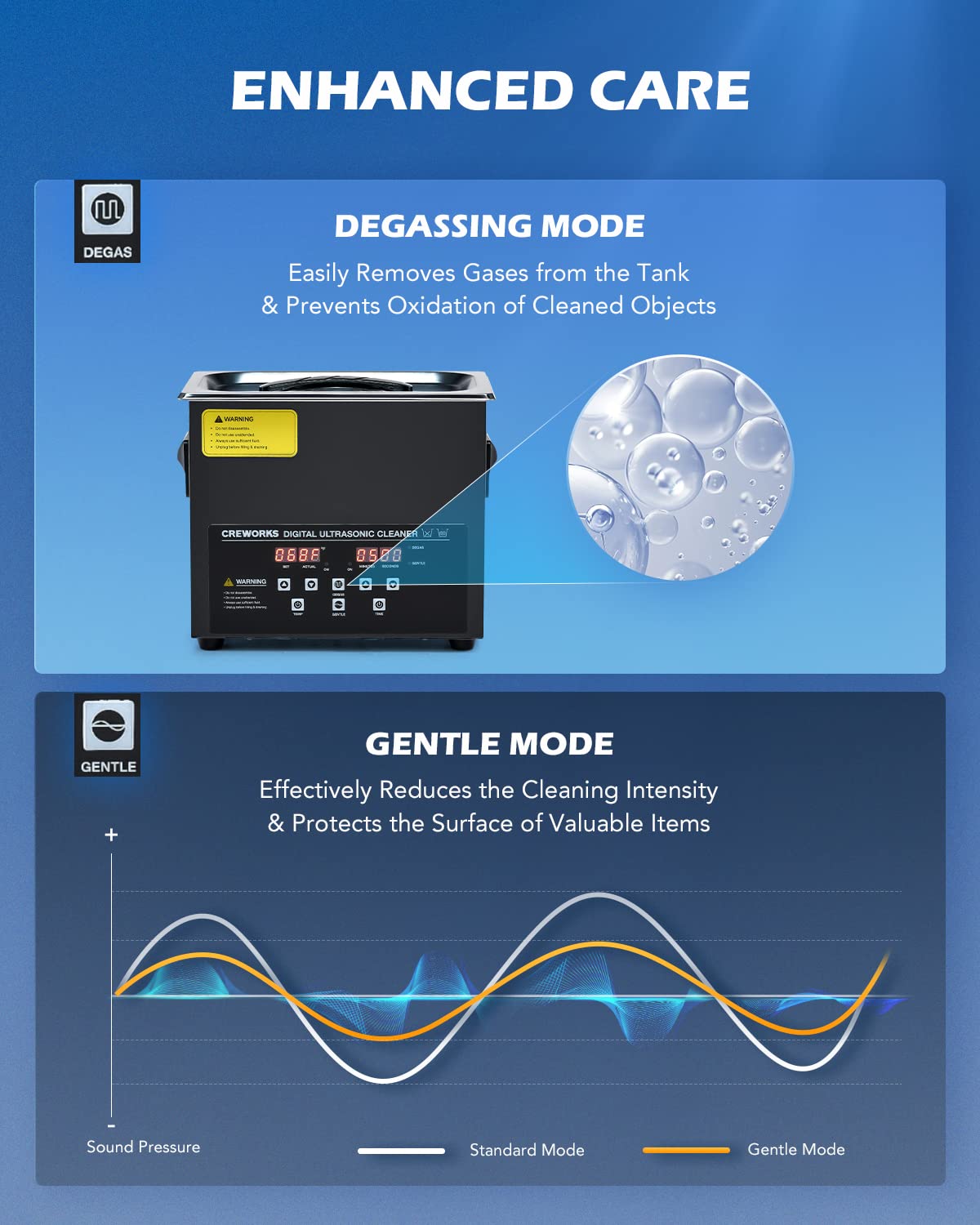 CREWORKS 3L Digital Ultrasonic Cleaner with Degas & Gentle Mode, 120W Heated Ultrasonic Cleaning Machine with Timer, 0.8 Gallon for Jewelry, Watches, Dentures, Glasses, Retainers - Perfect for Home & Professional Use