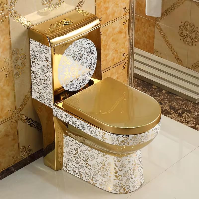 Premium One-Piece Ceramic Western Toilet with Square S-Trap Floor Outlet - Modern Gold Bathroom Commode for Home & Commercial Use | Ideal for Luxury Bathrooms, Hotels, and Upscale Restrooms
