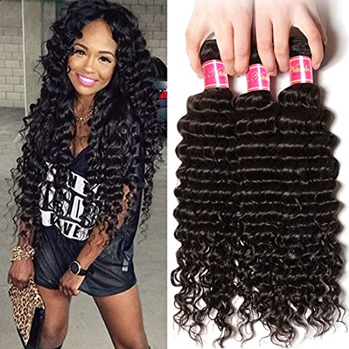 Nadula 8A Brazilian Deep Wave Human Hair Bundles - 100% Unprocessed Remy Virgin Hair Extensions for Black Women (16/18/20/22 Inch) | Natural Color, Can Be Dyed & Bleached | Perfect for Weaving, Styling & Protective Hairstyles