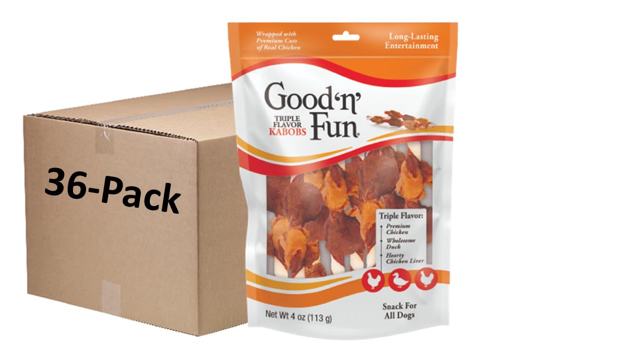 Good'n'Fun Triple Flavor Kabobs 4oz - Healthy Dog Treats for All Breeds & Sizes (Case of 36 Packs) - Perfect for Training, Rewards & Dental Chewing