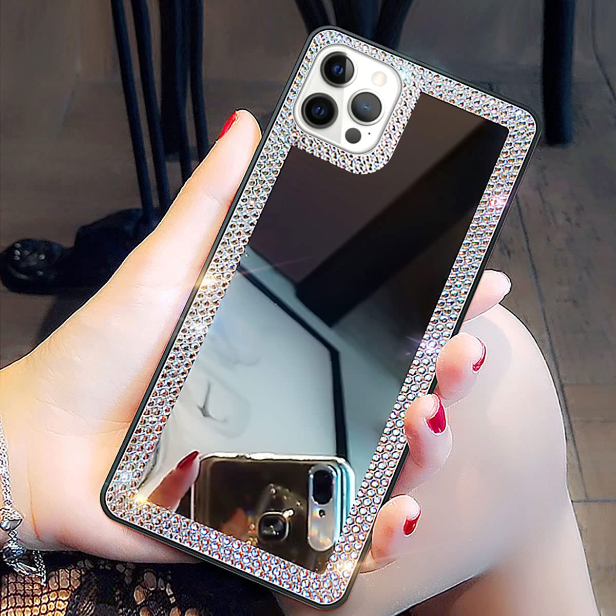 Sparkly Rhinestone Mirror Phone Case for iPhone 13 Pro - Glitter Diamond Bling Cover with Stick-On Mirror for Women | Perfect for Outdoor Makeup Touch-Ups, Parties & Everyday Glam