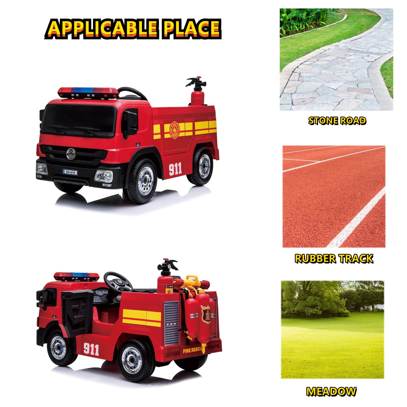 TLSUNNY 12V Kids Electric Ride On Fire Truck Toy - Remote Control Motorized Fire Engine Car with Spring Suspension, 3 Speeds, Water Gun, Firefighter Hat & Extinguisher - Perfect for Birthday Gifts & Outdoor Play