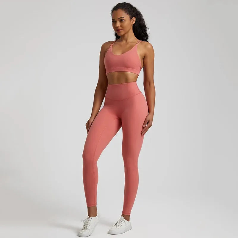 Buttery Soft Women's Yoga Set - High Waist Gym Leggings & Crisscross Sports Bra 2-Piece Workout Outfit | Perfect for Yoga, Pilates, Gym & Lounge Wear