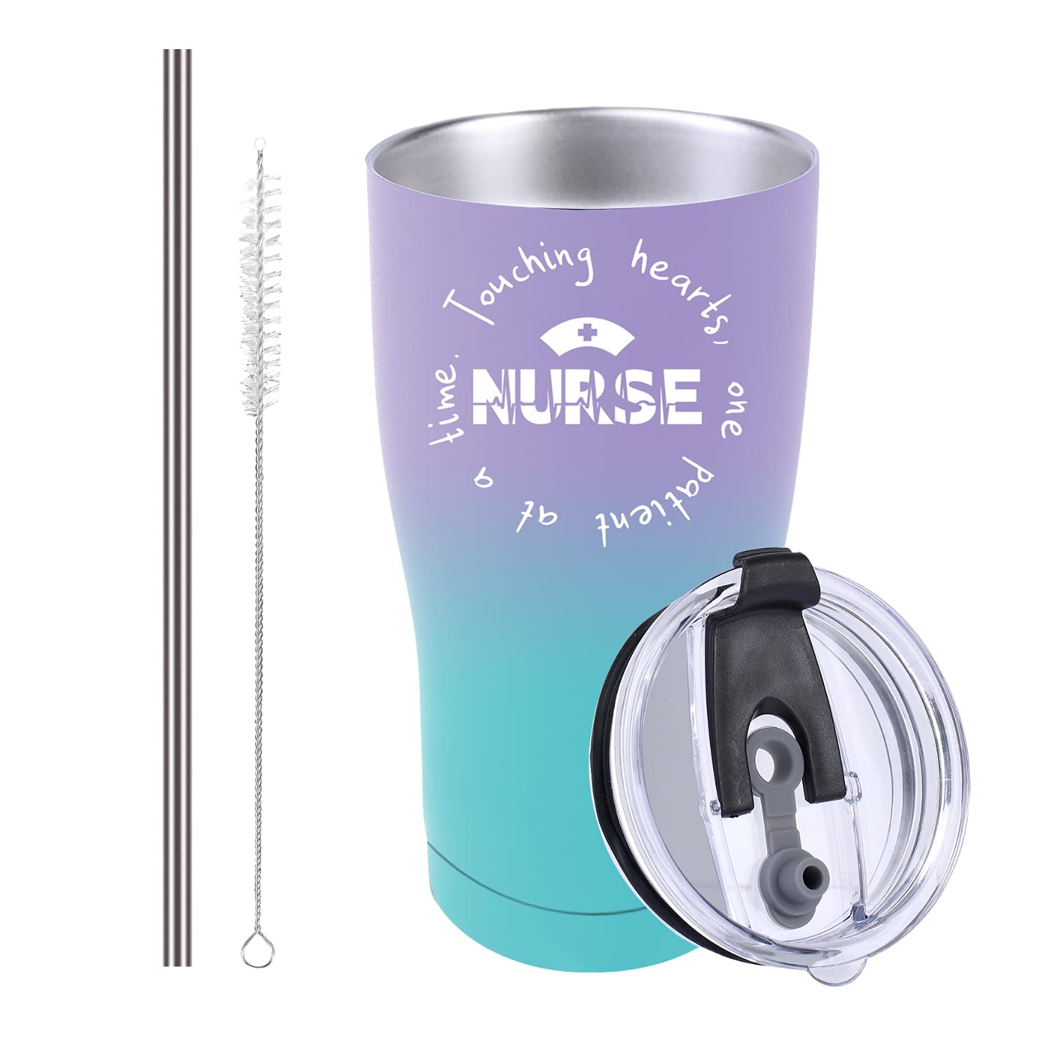 Nurse Tumbler - Inspirational 'Touching Hearts One Patient at a Time' Design - Perfect Nurse Gifts for Graduation, Appreciation, or Daily Use - Great for Coffee, Tea & Water - 20oz Insulated Travel Mug (Green-Purple)