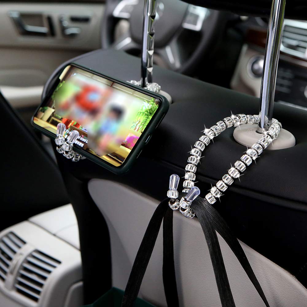 LZLRUN Bling Car Seat Hooks - 2 Pack Universal Rhinestone Car Hangers for Purse, Bag & Organizer - Durable Backseat Headrest Hooks for Women (Transparent) - Perfect for Shopping, Travel & Daily Commute