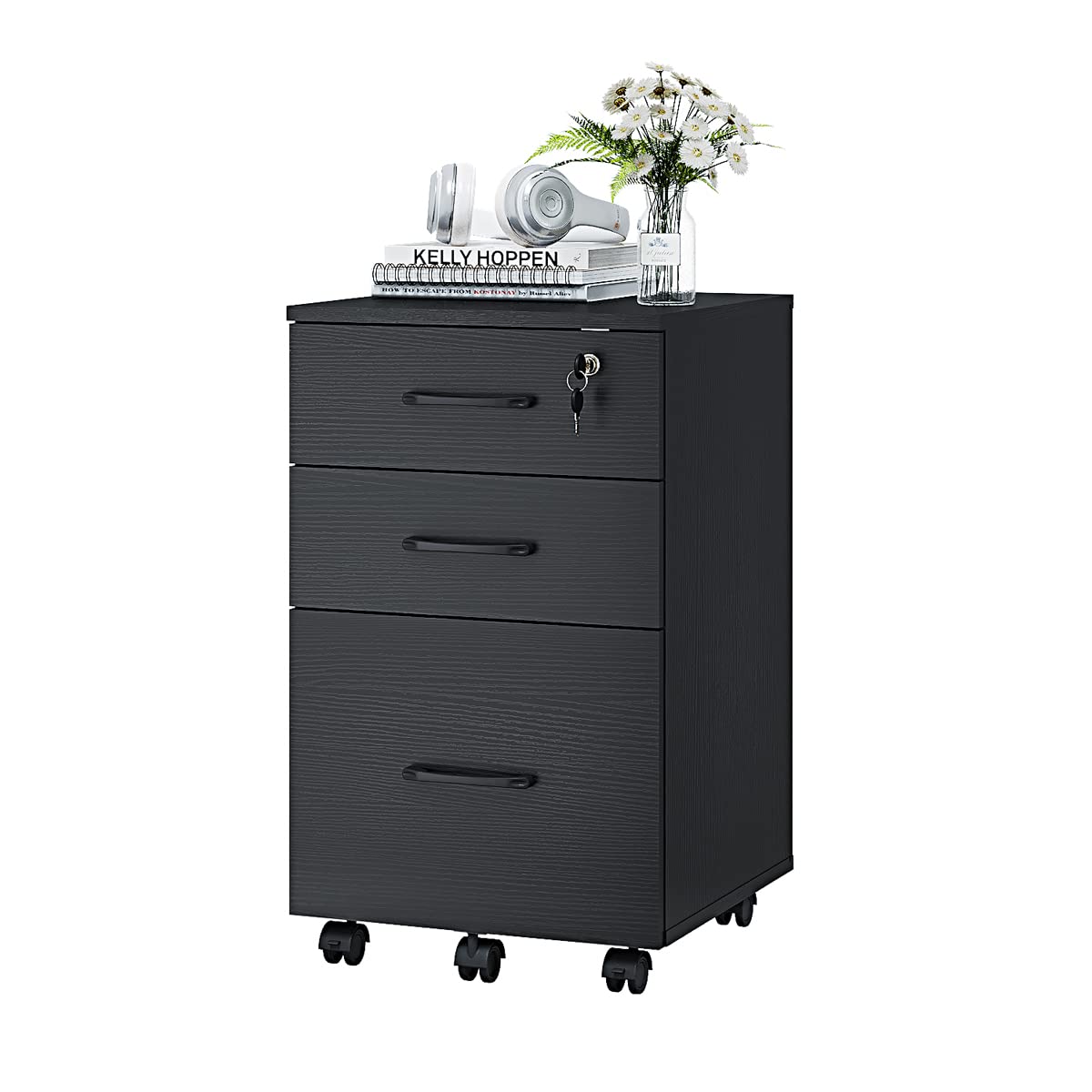 Panana 3-Drawer Wooden Rolling File Cabinet - Compact Under Desk Storage Organizer for Home Office, Black | Perfect for Document Storage & Workspace Organization
