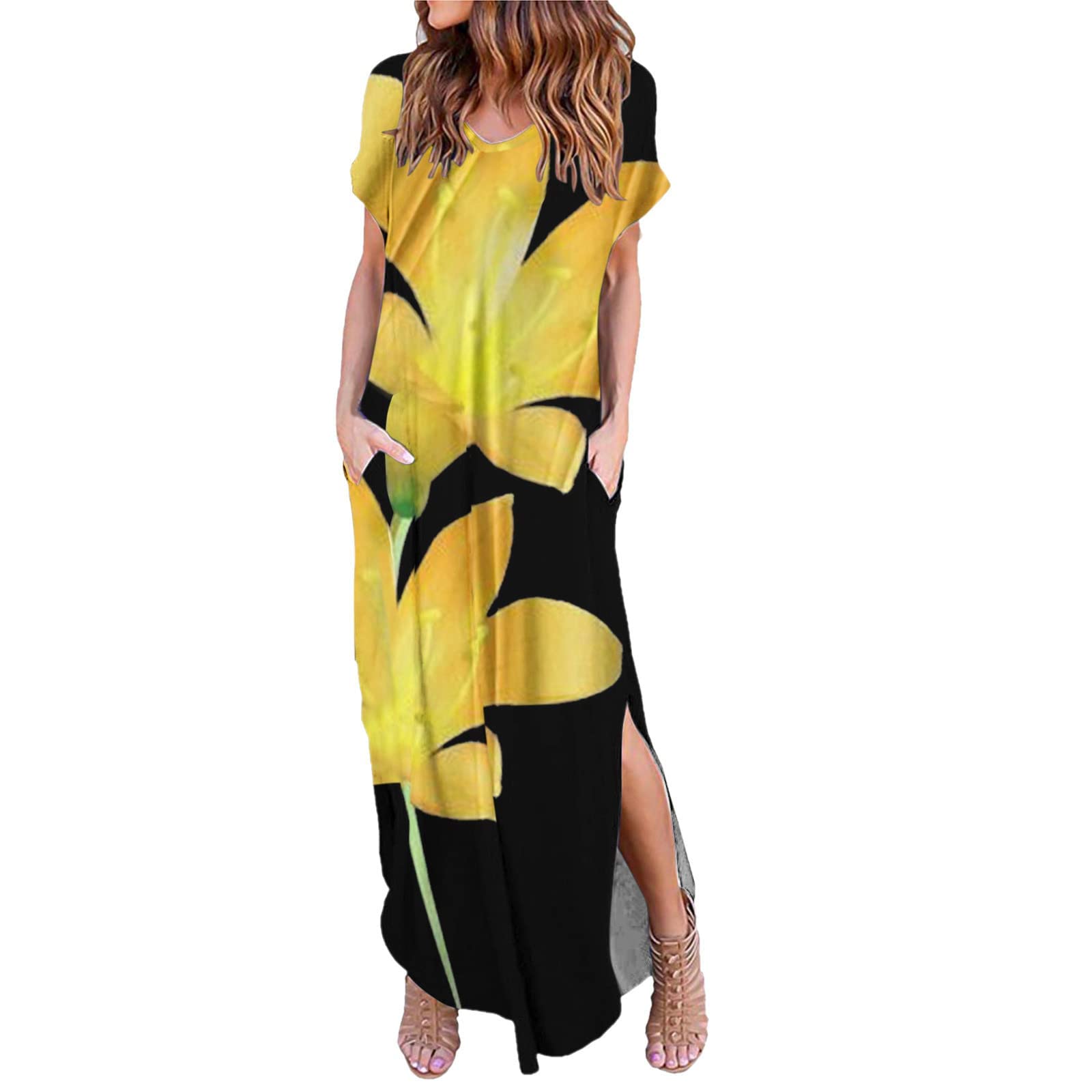 **Women's Summer Casual Loose Pocket Long Dress - Short Sleeve V-Neck Flowy Maxi Beach Dress with Side Slit, Floral Print - Perfect for Vacations, Beach Outings & Summer Parties**
