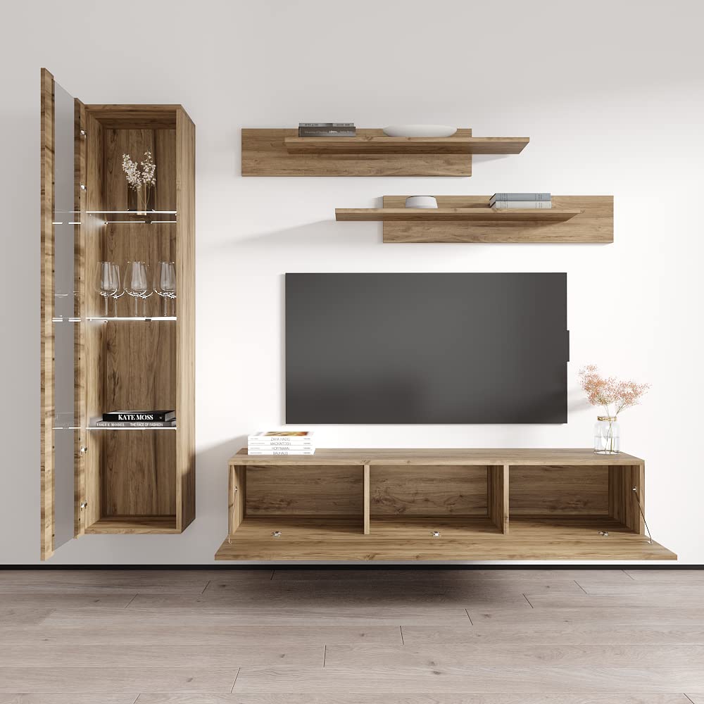 Modern Floating TV Stand with Storage & LED Lights - Wall-Mounted Entertainment Center for Living Room & Bedroom - Oak Wood TV Console with Shelves - Perfect for Small Spaces & Home Theater Setup