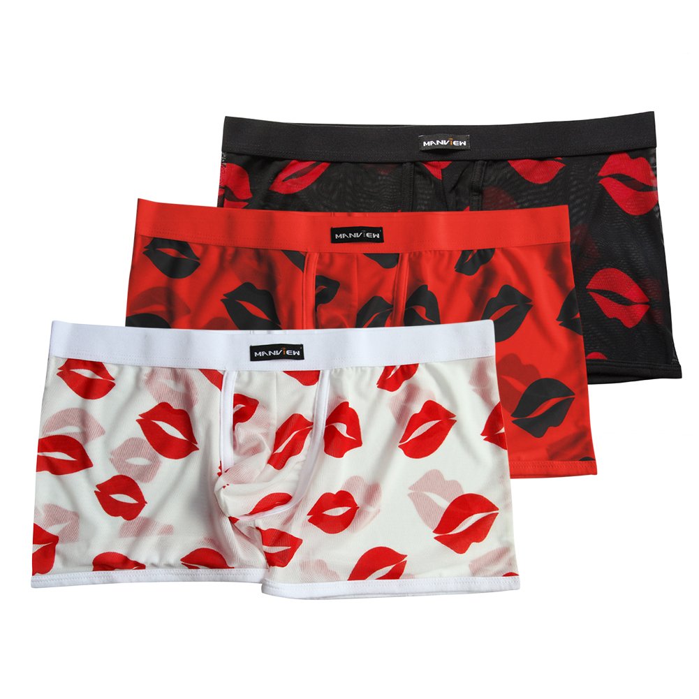 Sexy Mesh Underwear for Men - Transparent Lingerie Boxer Briefs with Hot Lips Design | Comfortable & Breathable Mens Underwear for Date Night, Special Occasions & Intimate Moments