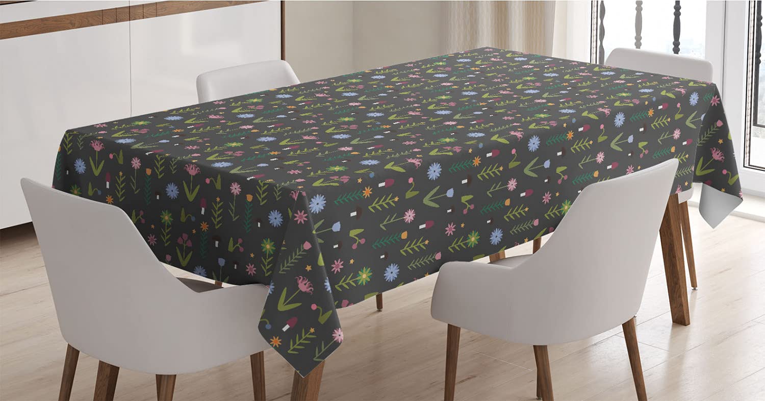 Ambesonne Floral Tablecloth - Tulip Iris Daisy Rose Petals Forest Mushroom Pattern Rectangle Satin Table Cover for Dining Room Kitchen 60x90 Inches Olive Green Dried Rose | Elegant Table Decor for Dinner Parties, Holiday Gatherings & Home Decor