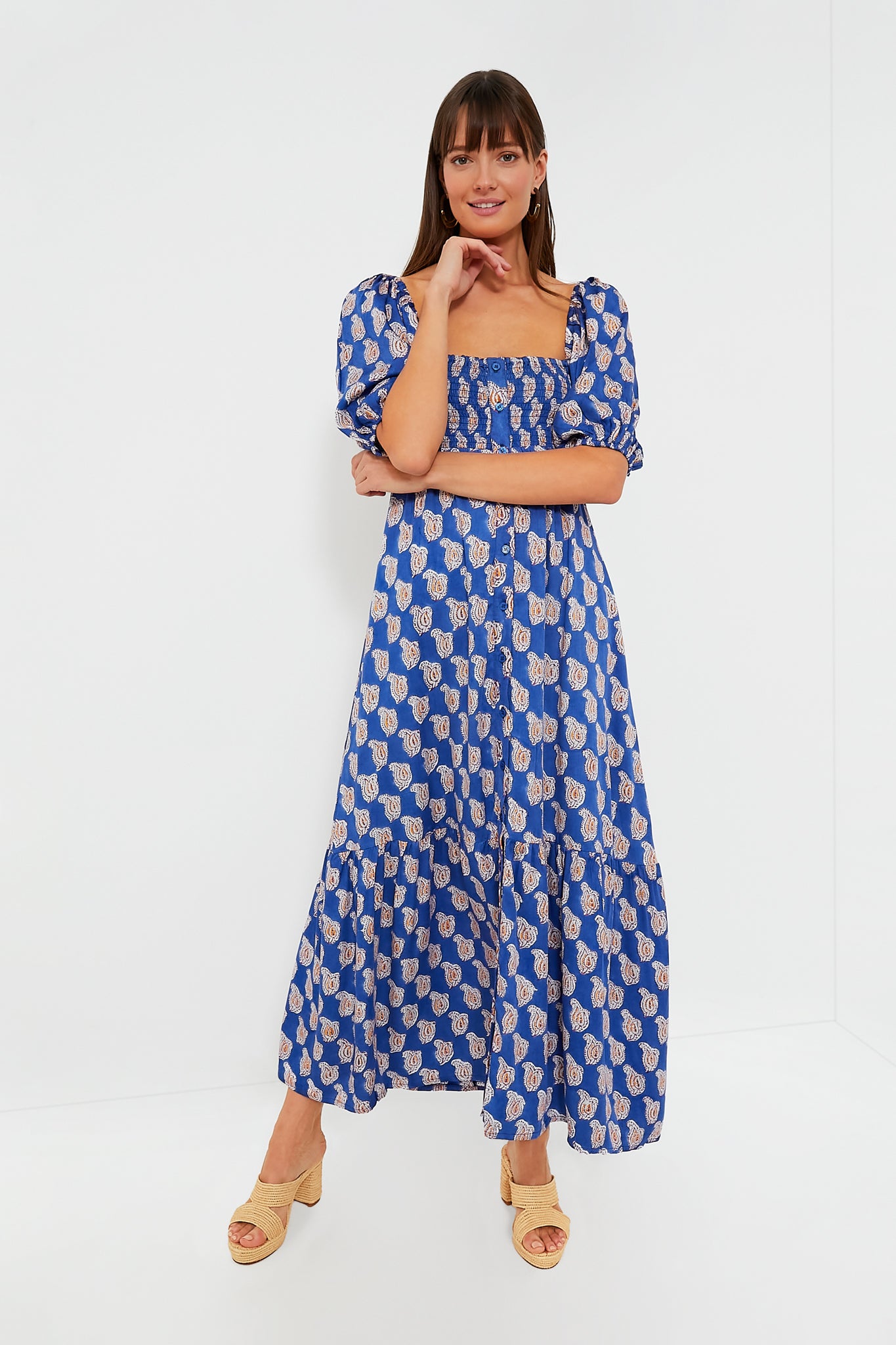 Elegant Blue Paisley Floral Satin Maxi Dress for Women | Summer Beach Wedding Party & Vacation Outfit