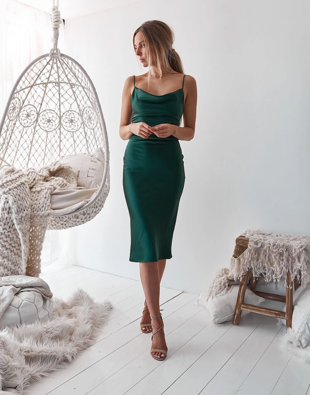 Aspen Midi Dress - Emerald Green Satin Slip Dress for Women | Perfect for Cocktail Parties, Date Nights & Special Occasions